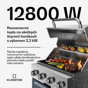 Klarstein WaldChef plynový gril | 4 horáky | 30 mbar | 12800 W | Liatinový rošt | Nehrdzavejúca oceľ